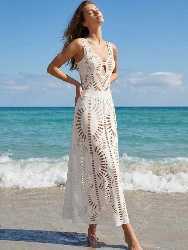 White Geometric Laser Cut Swimsuit with Matching Cover Up Skirt