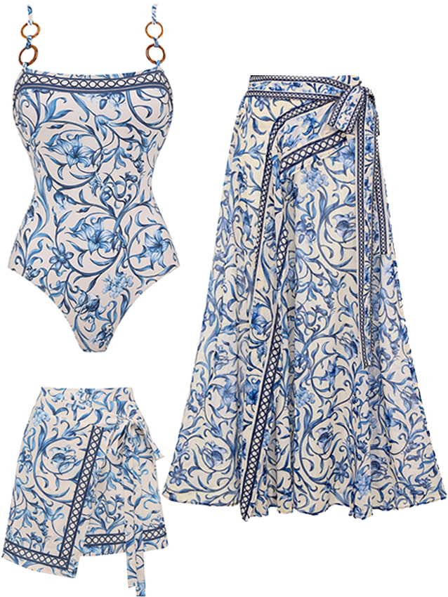 Baroque Floral Metal Ring Back Tie One-Piece with Wrap Skirt