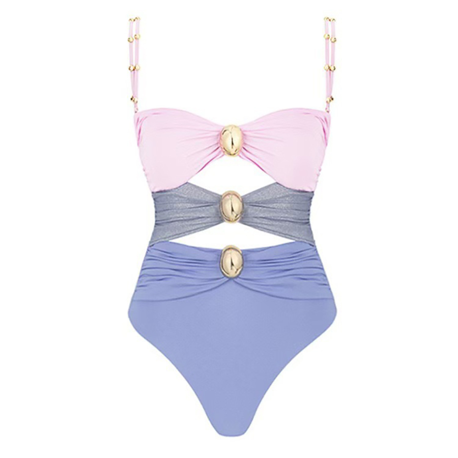 Colorblock One Piece Swimsuit with Gold Accents Detail and Matching Wrap Skirt
