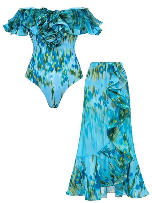 Lake Blue Water Lily Print Off Shoulder One-Piece with Ruffle Maxi Skirt