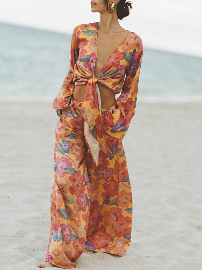 Floral Printede One Piece Swimsuit and Skirt Or Pants