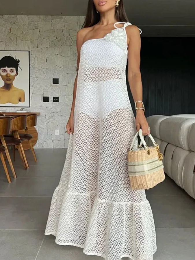 Oblique Shoulder See Through Cover Up and Shorts Set