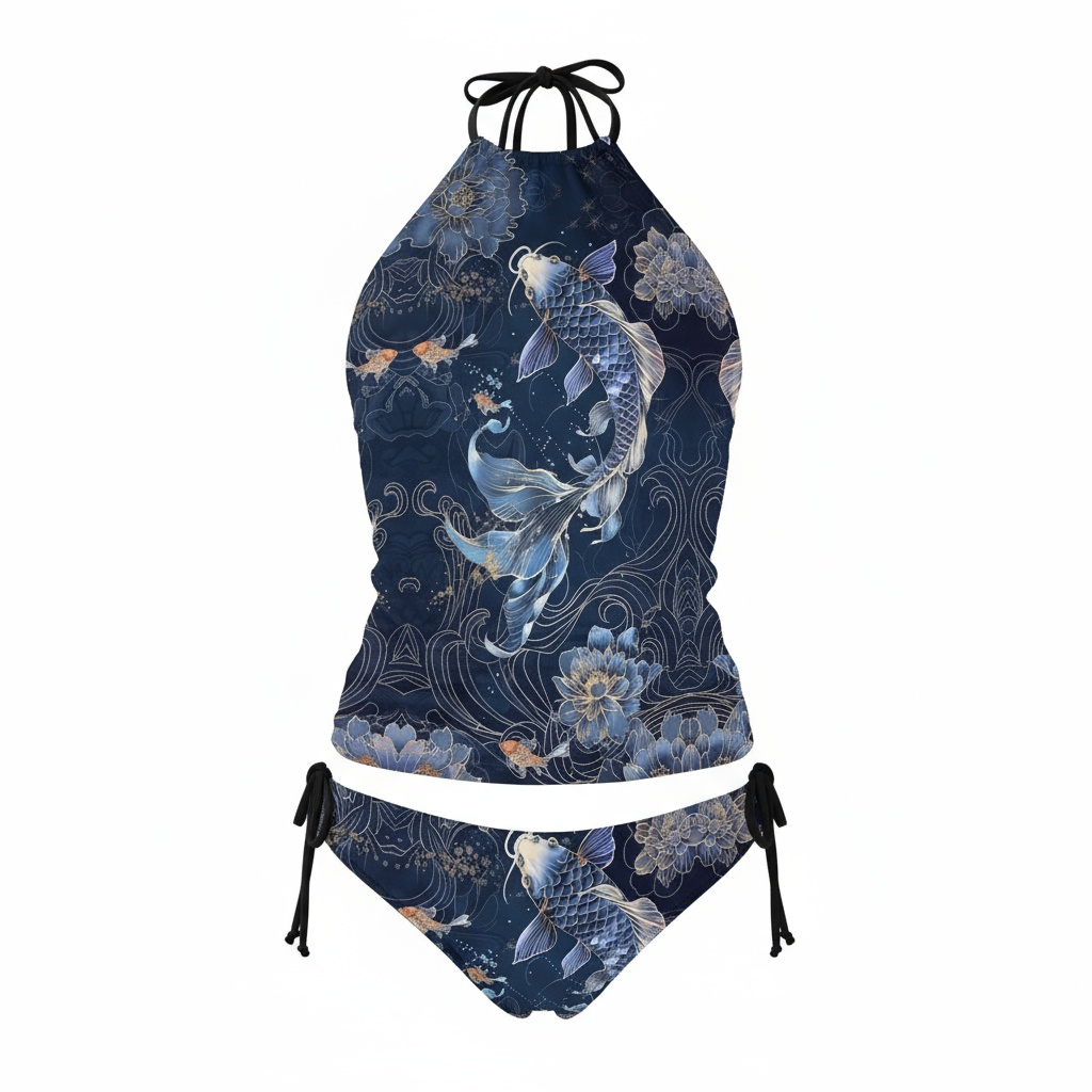 Oriental Koi Fish Tankini Swimsuit with Matching Maxi Skirt Set