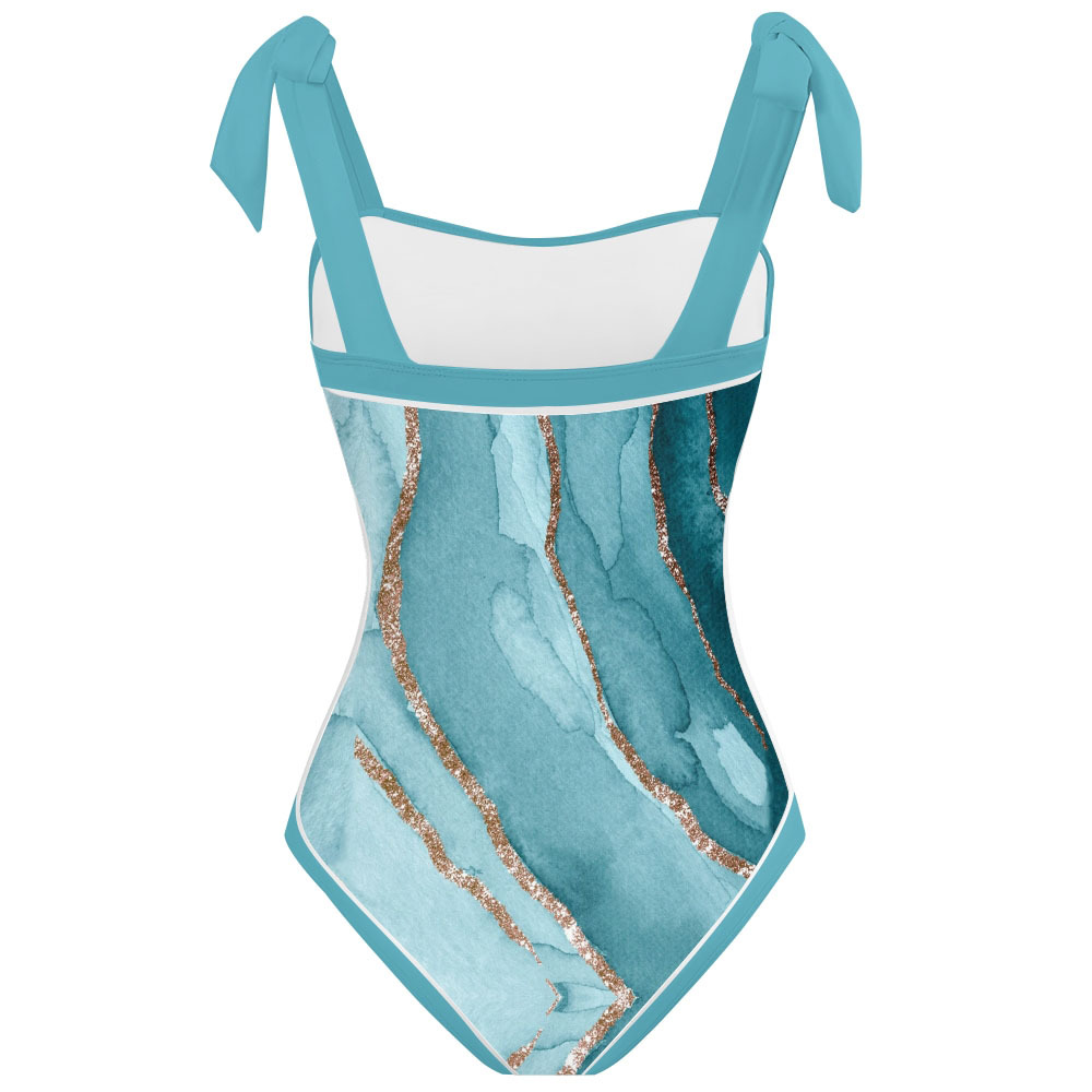Women's Watercolor Shoulder Tie Straps One Piece Swimsuit Matching Sarong Skirt