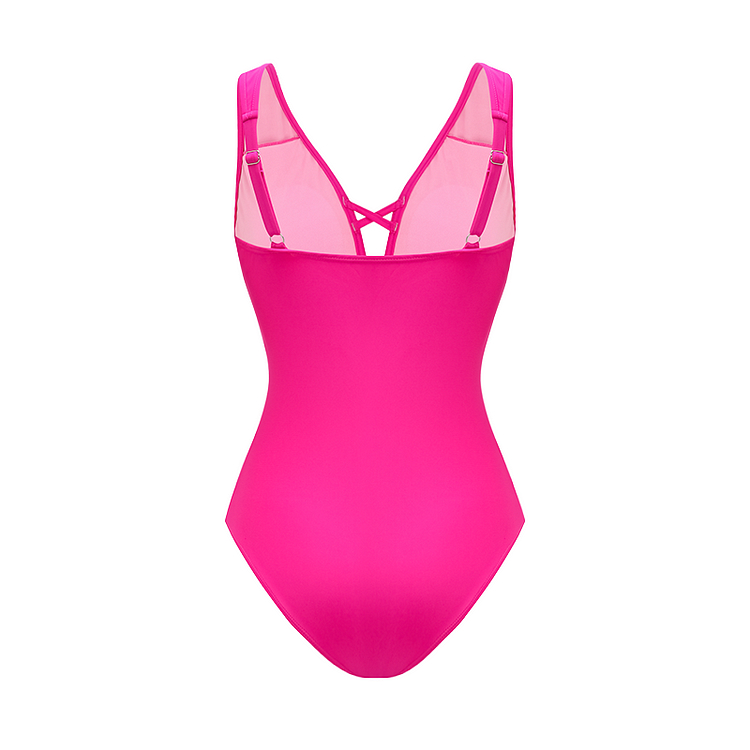 Women's V Neck Bestselling Sexy Solid Color Cut-Out One-Piece Swimsuit Set -Pink