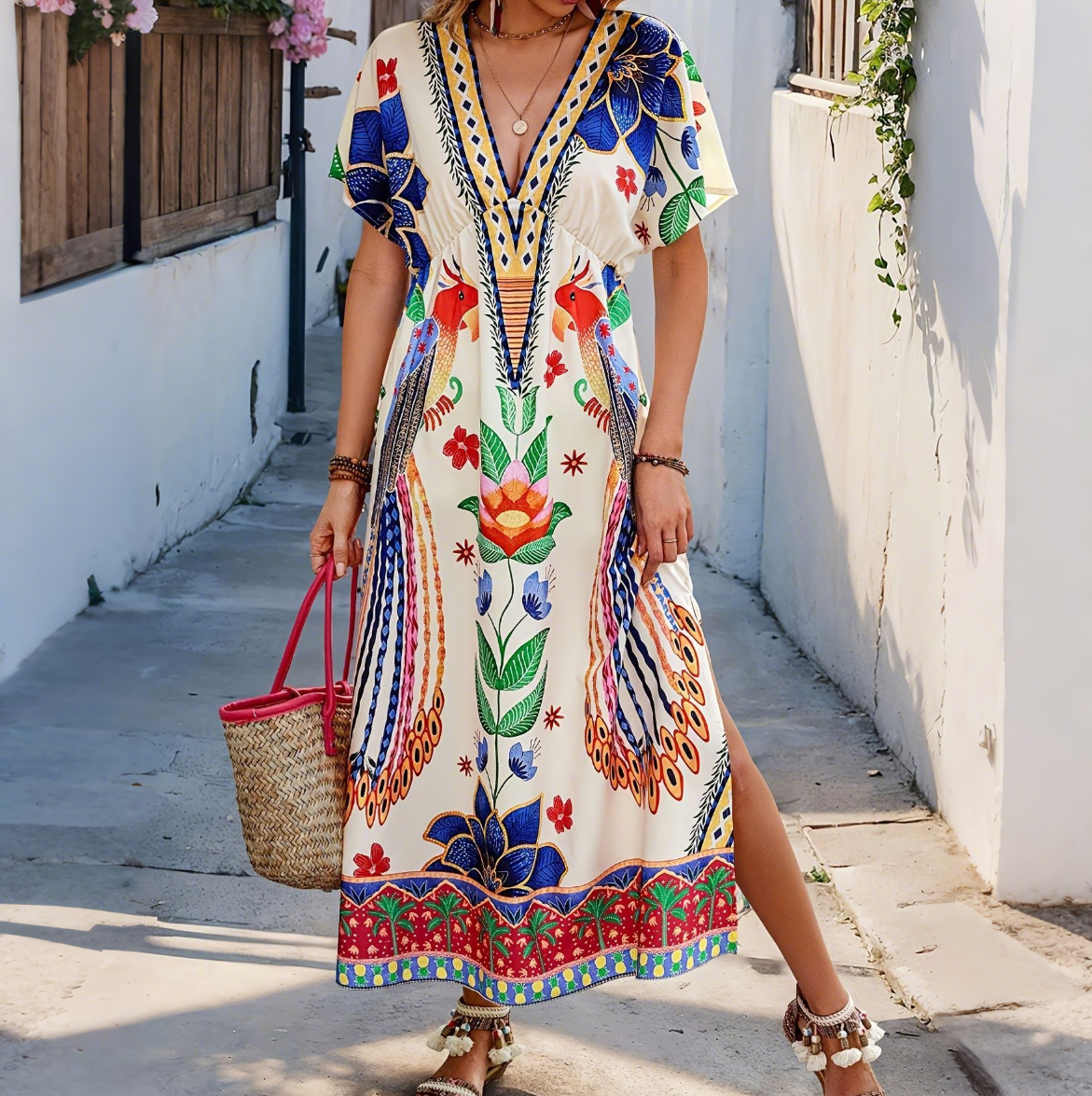 Women's New Bohemian Peacock Print V-Neck Dress with Cinched Waist