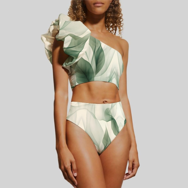 Leaf Print Ruffles Bikini Set with Matching Tiered Maxi Skirt