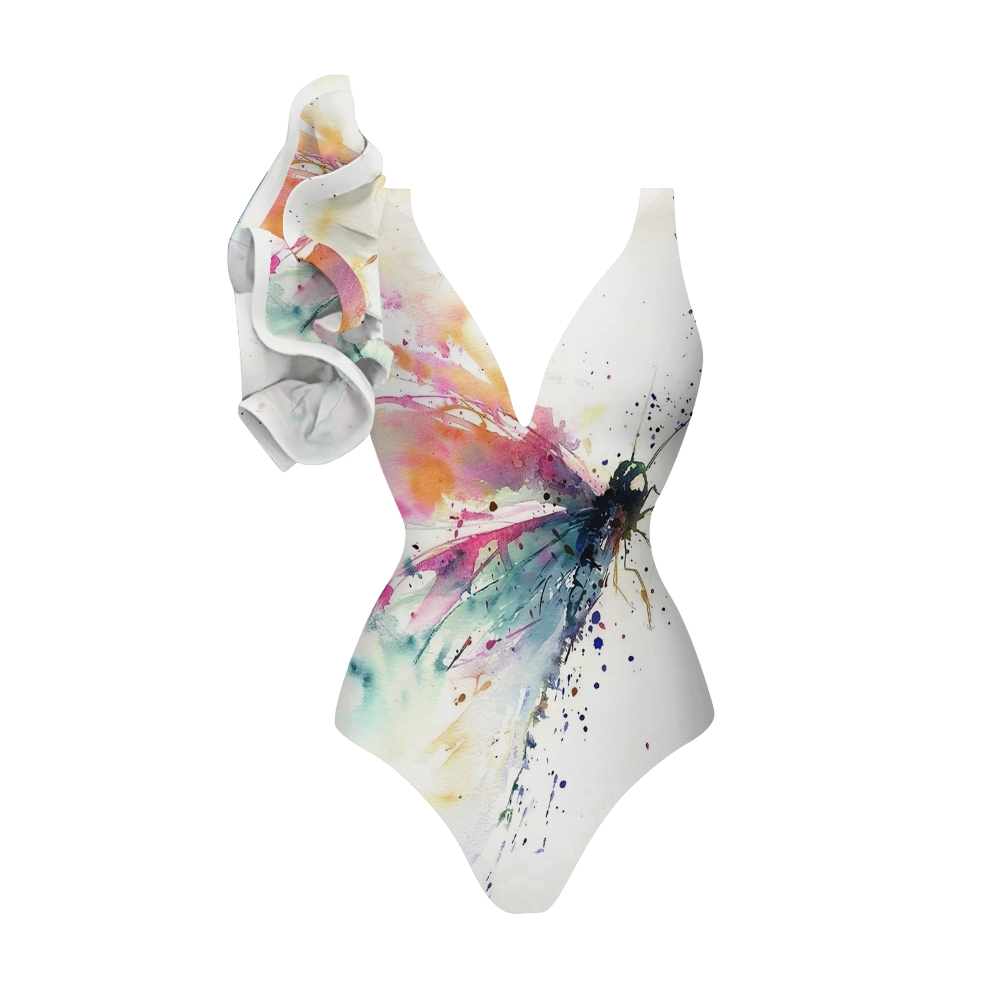 Asymmetrical Ruffled Painted Watercolor One Piece Swimsuit and Matching Sarong Skirt