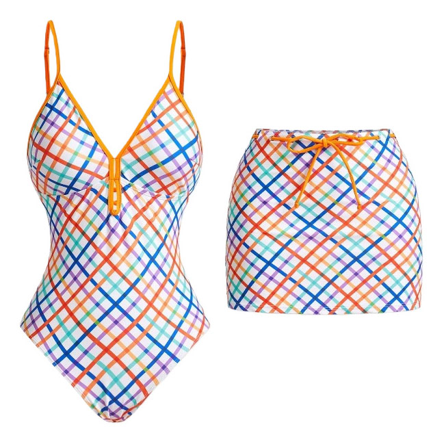 Women's Plaid Print One-Piece Swimsuit and Matching Skirt