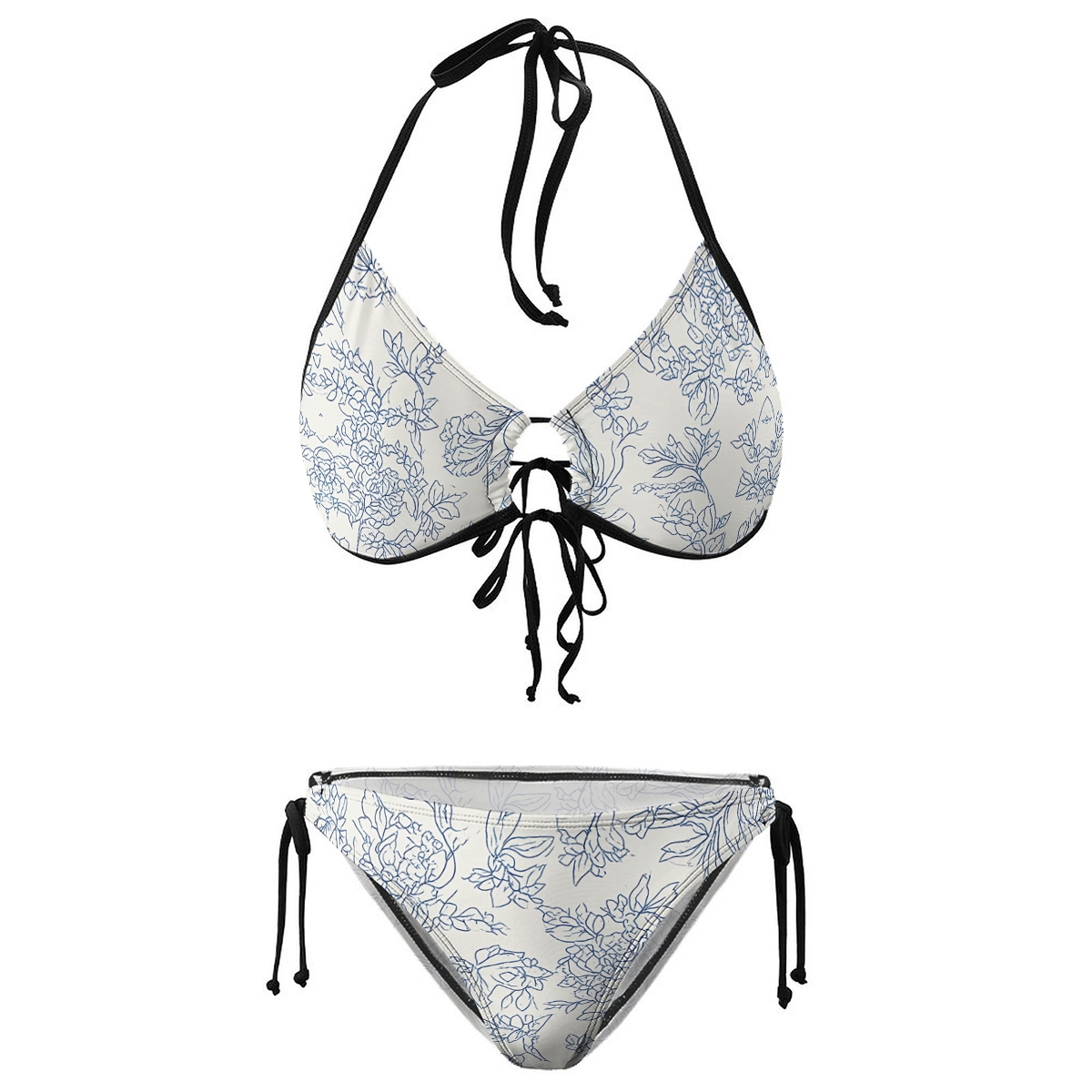 Minimalist Floral Line Halter Bikini Set with Matching Sarong Skirt