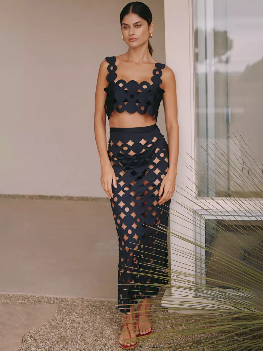 Black Laser Cut Bikini Set and Skirt