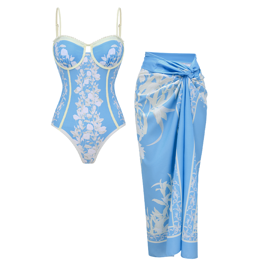 Blue And White Slim & Sculpt Floral Swimsuit Sets