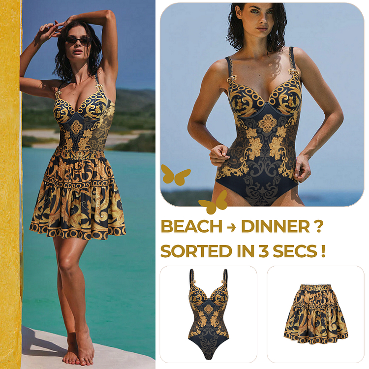 Women's Gold Embroidery Decor One-Piece Swimsuit with Skirt