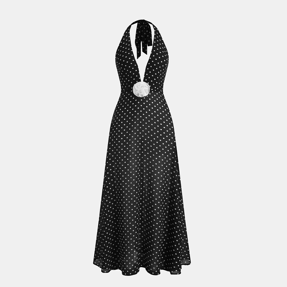 Polka Dot Mesh Maxi Dress with Halter Tie and Statement Floral Detail