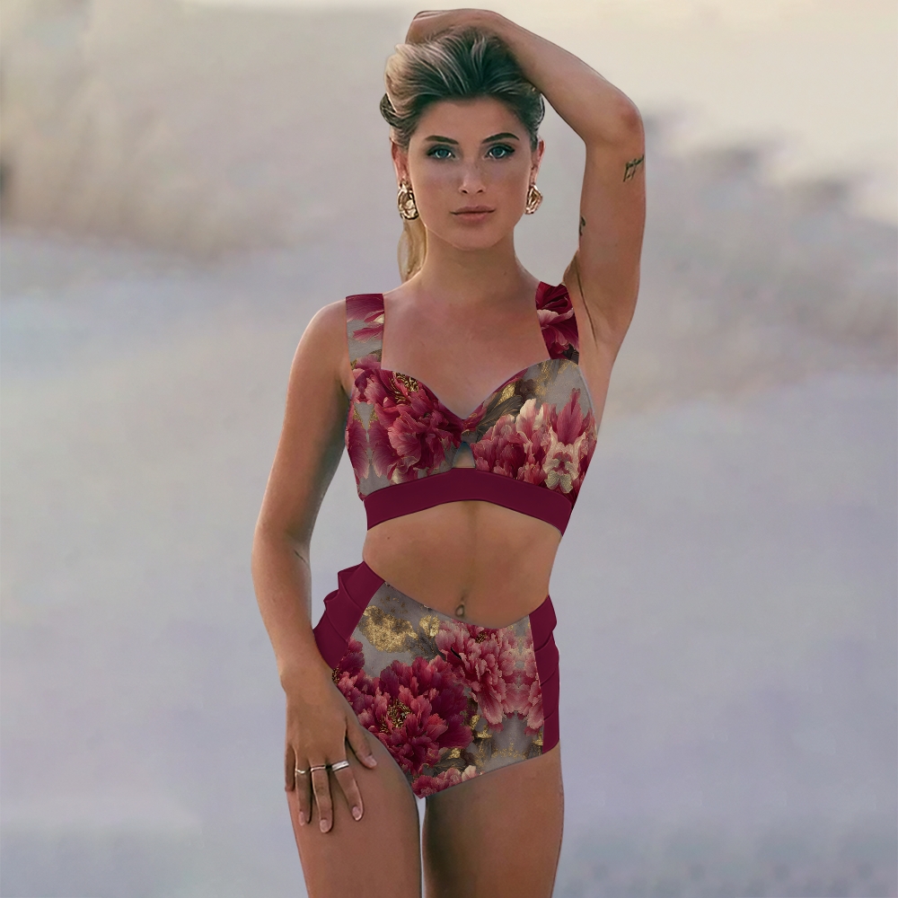 Floral Wide Strap Bikini Top and High Waist Bottom Two Piece Set