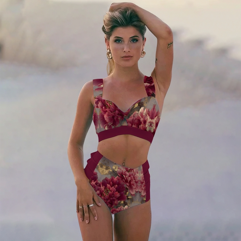 Floral Wide Strap Bikini Top and High Waist Bottom Two Piece Set