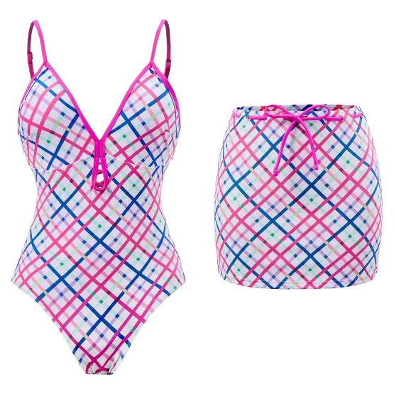 Women's Plaid Print One-Piece Swimsuit and Matching Skirt