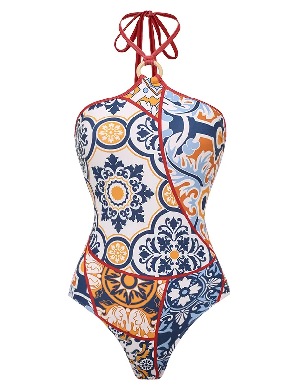 Vintage Printed Halter One Piece Swimsuit and Sarong