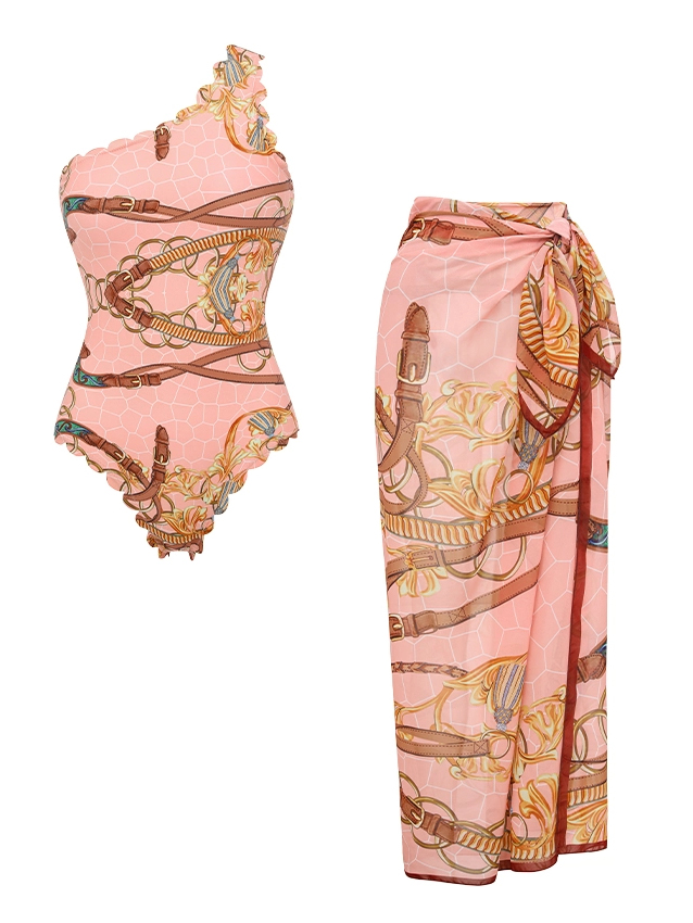 One Shoulder Lace Printed Swimsuit Set