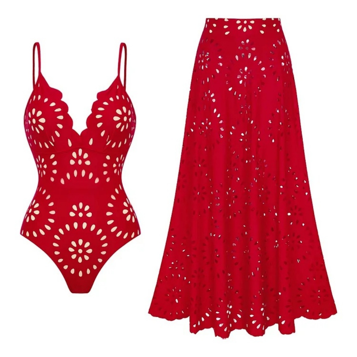 Multi-color Sexy Spaghetti Strap Lace-Up Cutout One-Piece Swimsuit with Matching Long Skirt Cover-Up