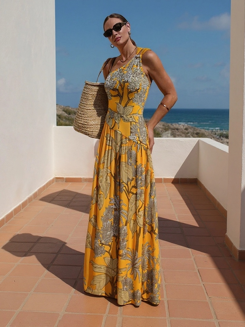 Botanical Leaf Yellow Printed Swimsuit & Cover-Up Set