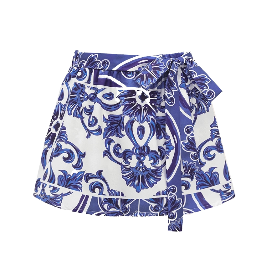 Sling Classic Majolica Series Pattern Print One Piece Swimsuit and Skirt - Blue