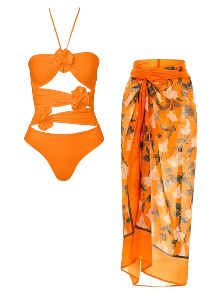 Halter Floral Print Swimsuit with Beach Wrap Skirt Sarong