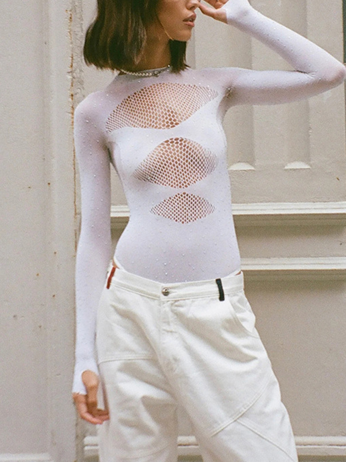 Sexy High-Elastic Knitted See-Through Long-Sleeved Hollow Jumpsuit