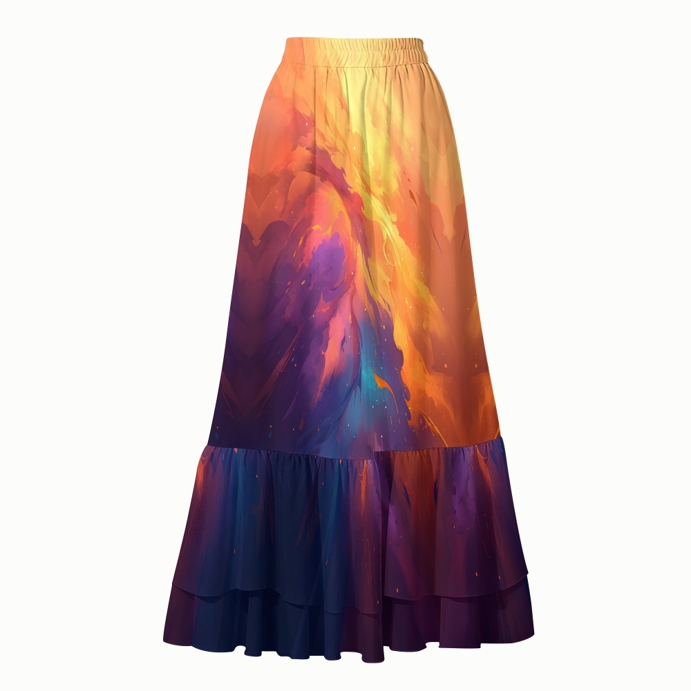 Sunset Fire Ruffle One-Shoulder One-Piece Swimsuit with Matching Maxi Skirt