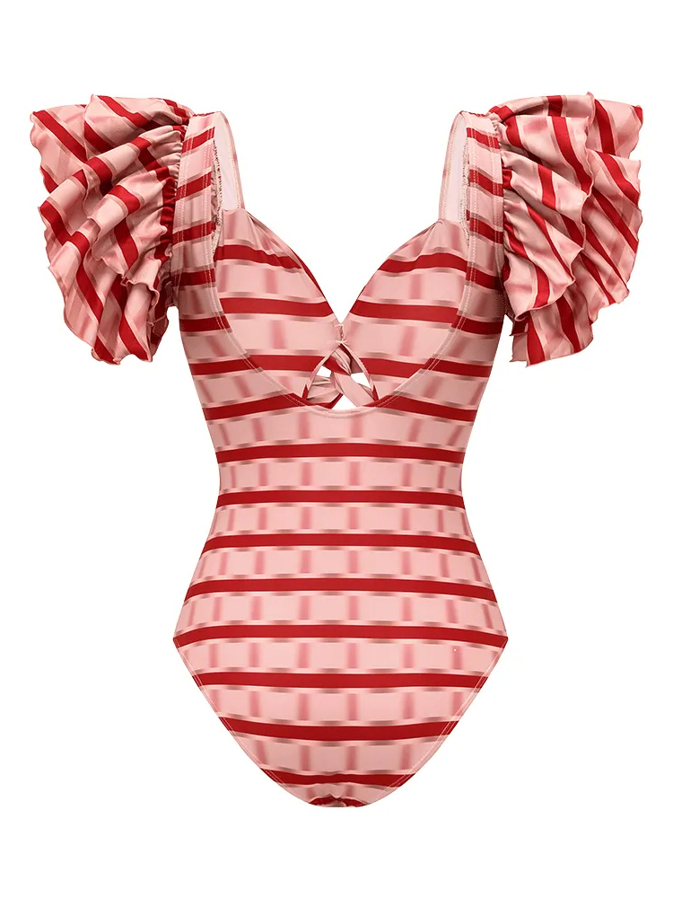 Ruffle Red Striped Printed Swimsuit and Skirt