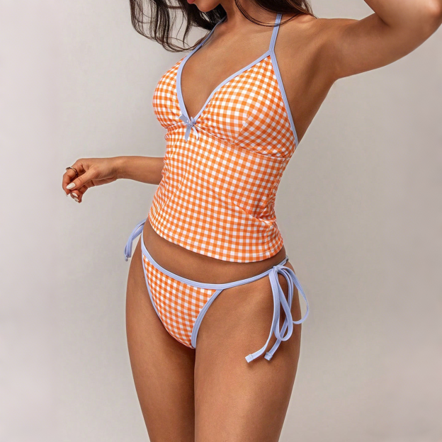 Women's V-neck Orange Gingham Tankini Swimsuit