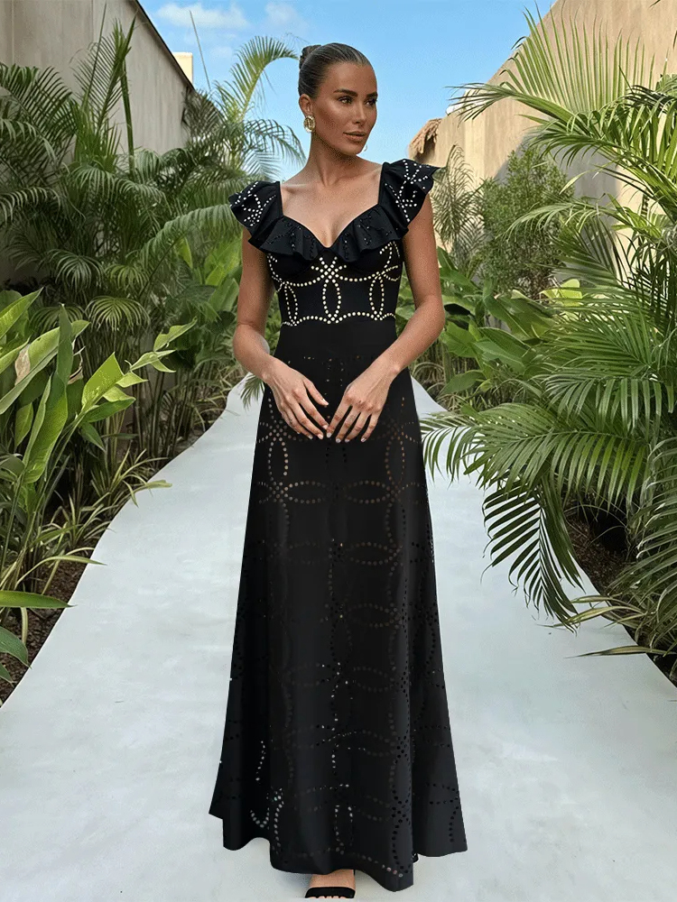 Underwired Black Ruffle Laser Cutting Flower Swimsuit and Skirt