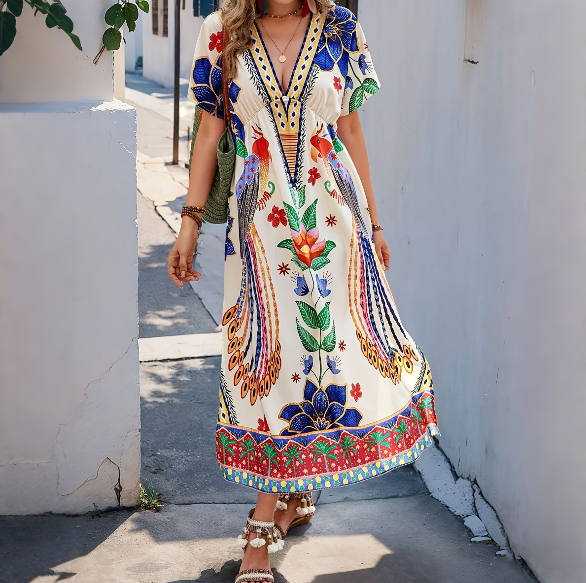 Women's New Bohemian Peacock Print V-Neck Dress with Cinched Waist