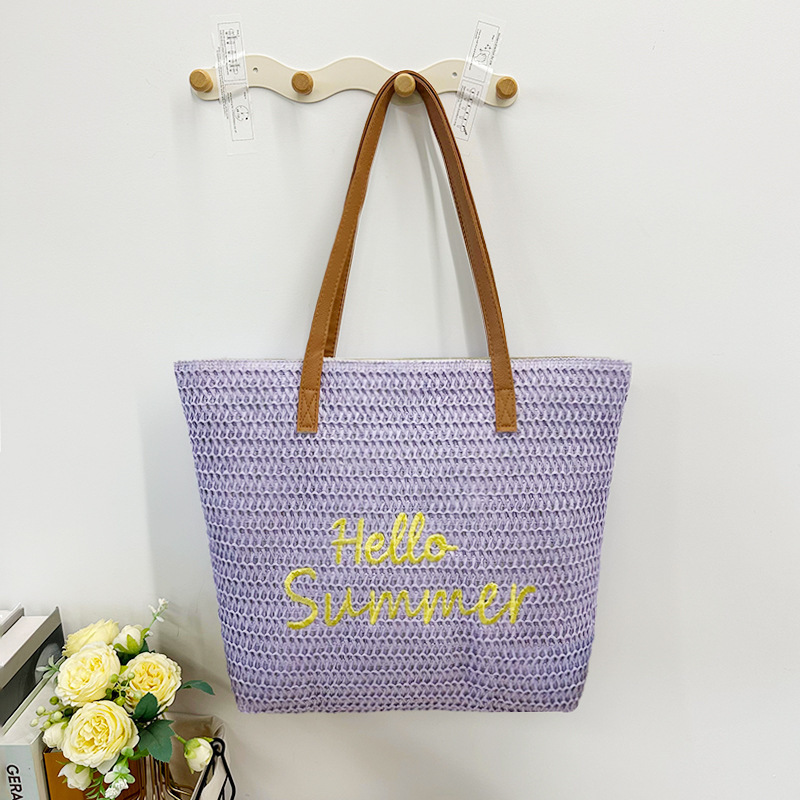 New PP Woven Letter Embroidered Tote Bag - Versatile Beach Vacation Shoulder Bag