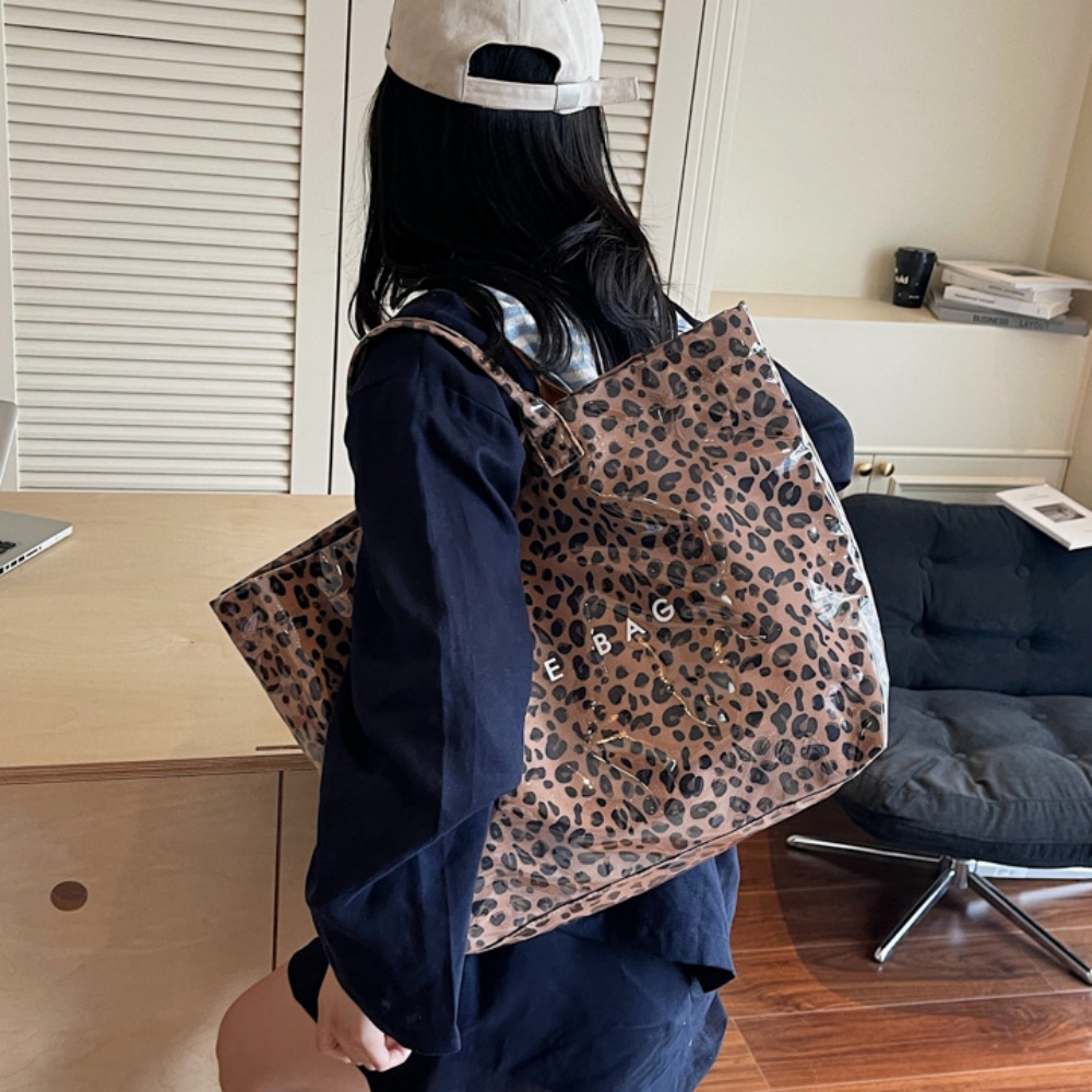 Large-Capacity Leopard-Print Tote Bag with Letter Print Beach Jelly Bag