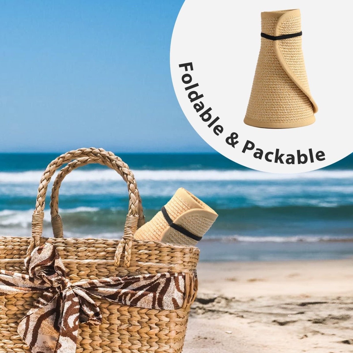 Straw Sun Visor With Wide Brim Open Top and Curved Edge Design Perfect for Beach Vacations