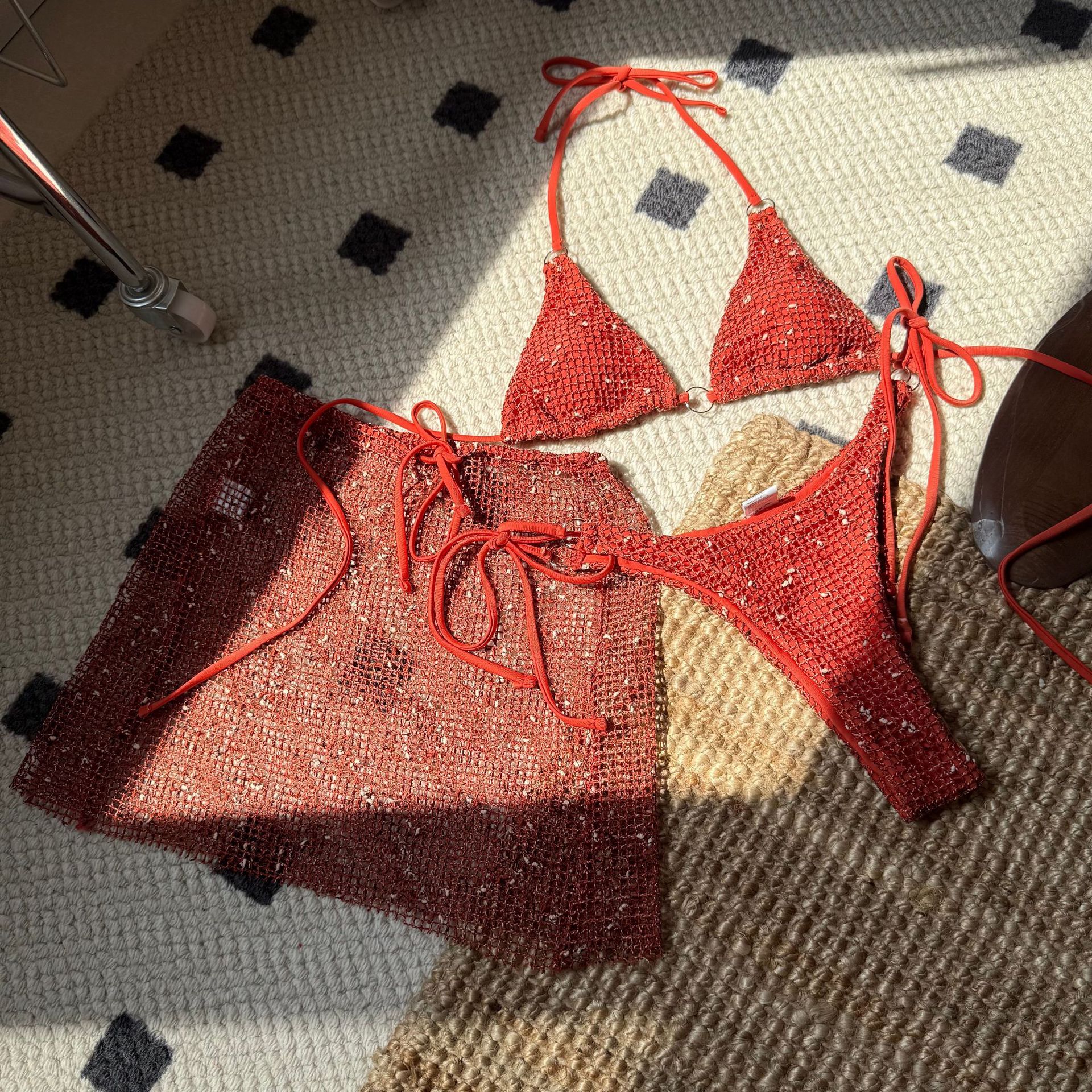 Sexy Halter Crochet Mesh Three Piece Bikini Swimsuit Featuring Matching Sequin Mesh Skirt