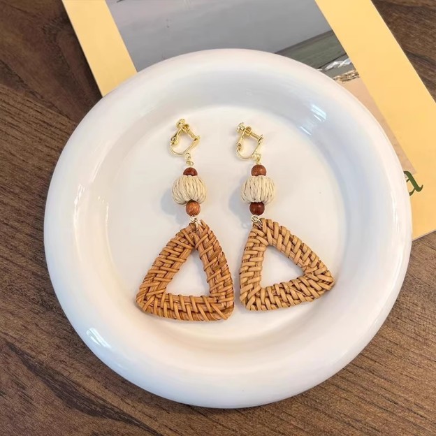 Handmade Woven Rattan Earrings in Hoop and Triangle Shapes Available in Clip-On and Stud Styles for Summer Outfits