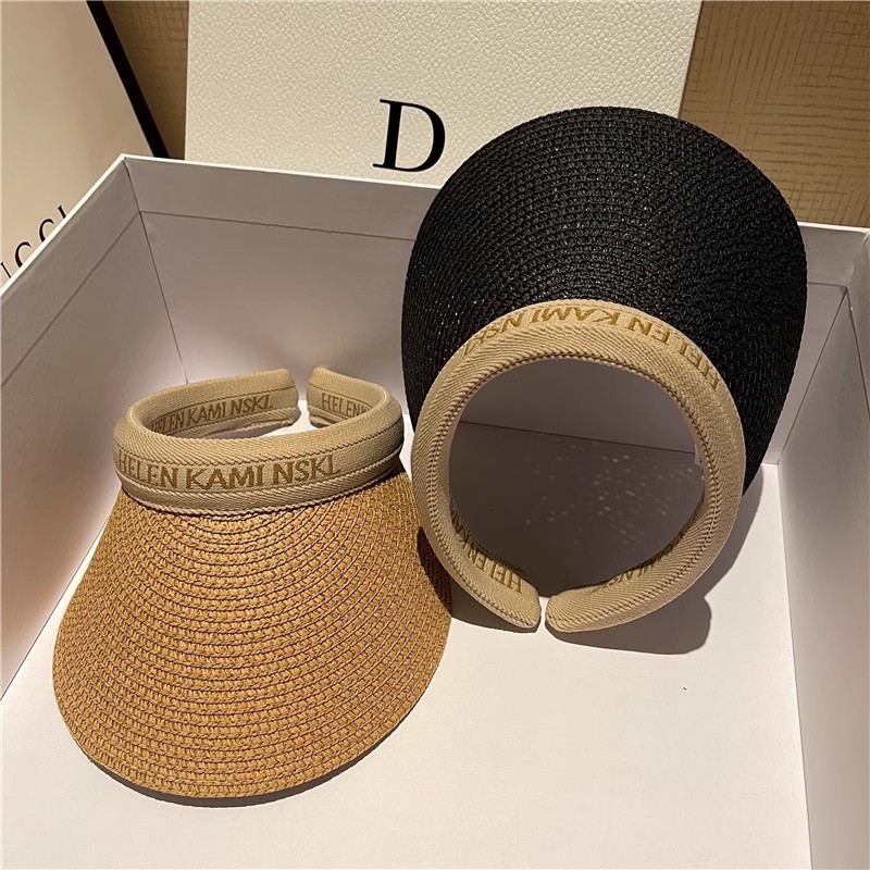 Straw Sun Visor With Wide Brim Open Top and Embroidered Band Suitable for Casual Summer Looks