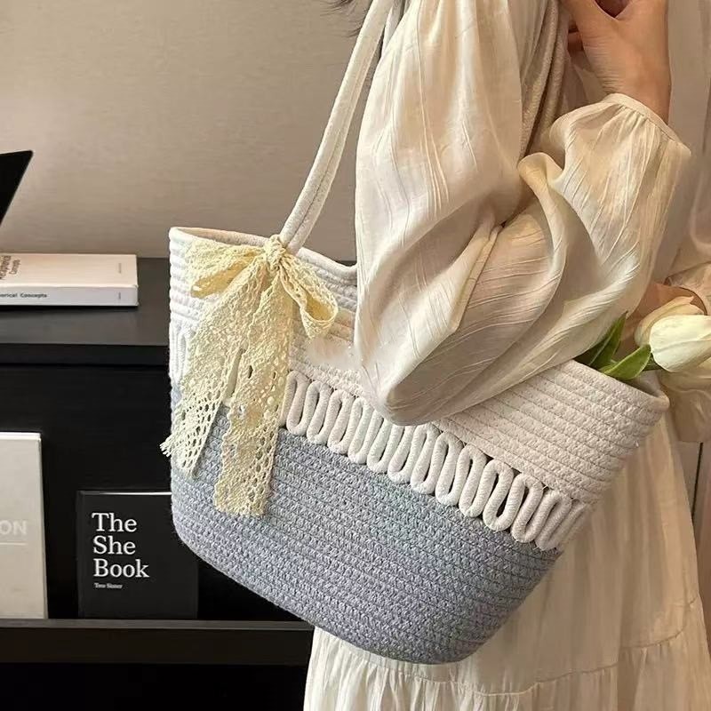 Single-Shoulder Handwoven Cotton Rope Openwork Tote Bag with Large Capacity for Beach Use