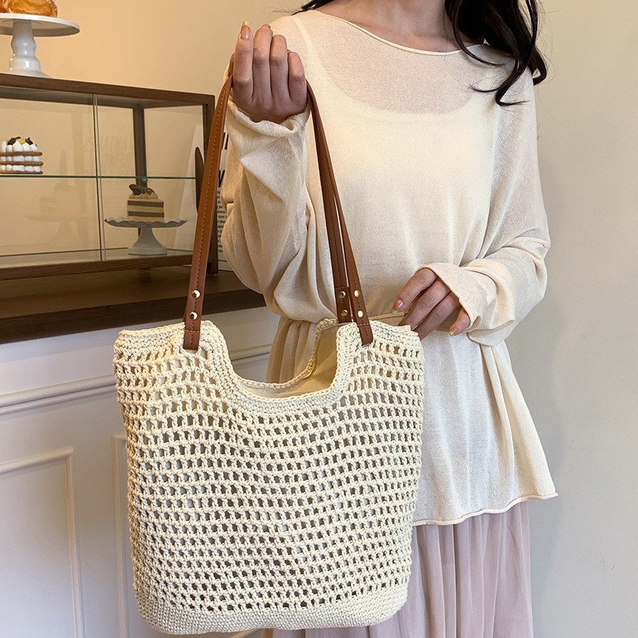 Vacation-Style Woven Large Capacity Tote Shoulder Bag Beach Tote