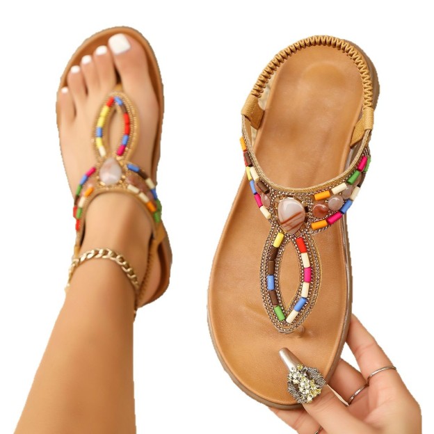 Bohemian Beaded Multicolored Thong Toe Flat Roman Gladiator Beach Sandals