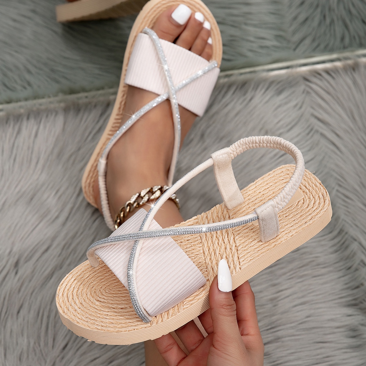 Minimalist Beach Flats with Silver Crisscross and Beige Ribbed Straps for Vacation Style