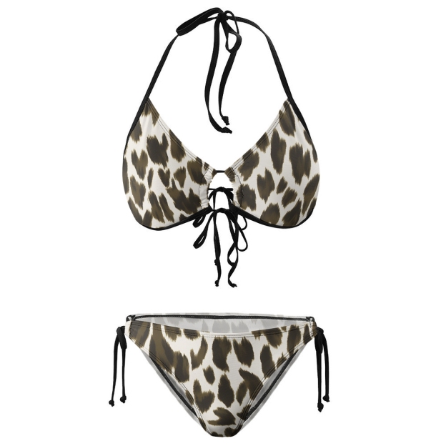Leopard Print Lace-Up Halter Top 3-Piece Bikini Set with Matching Sarong Skirt