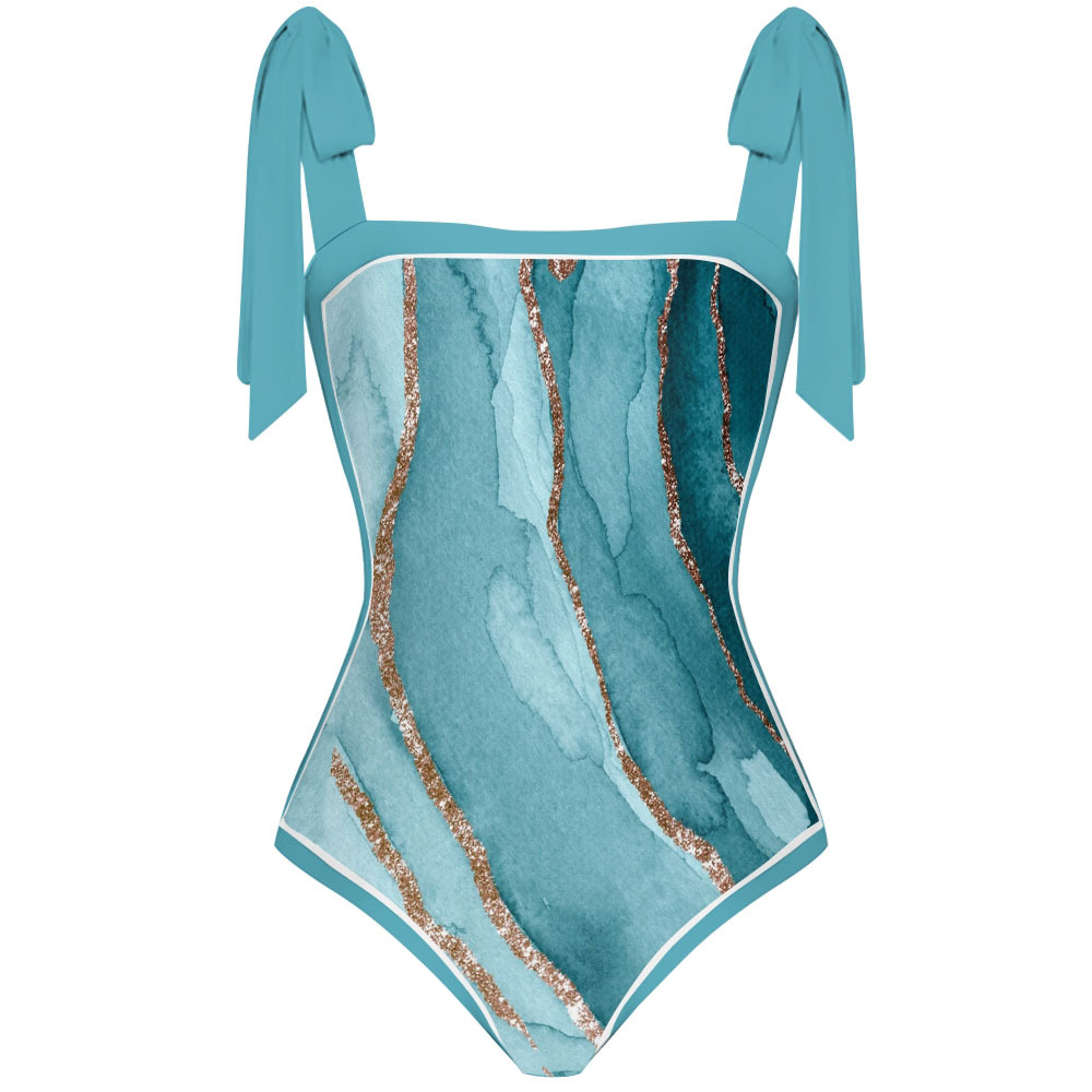 Women's Watercolor Shoulder Tie Straps One Piece Swimsuit Matching Sarong Skirt