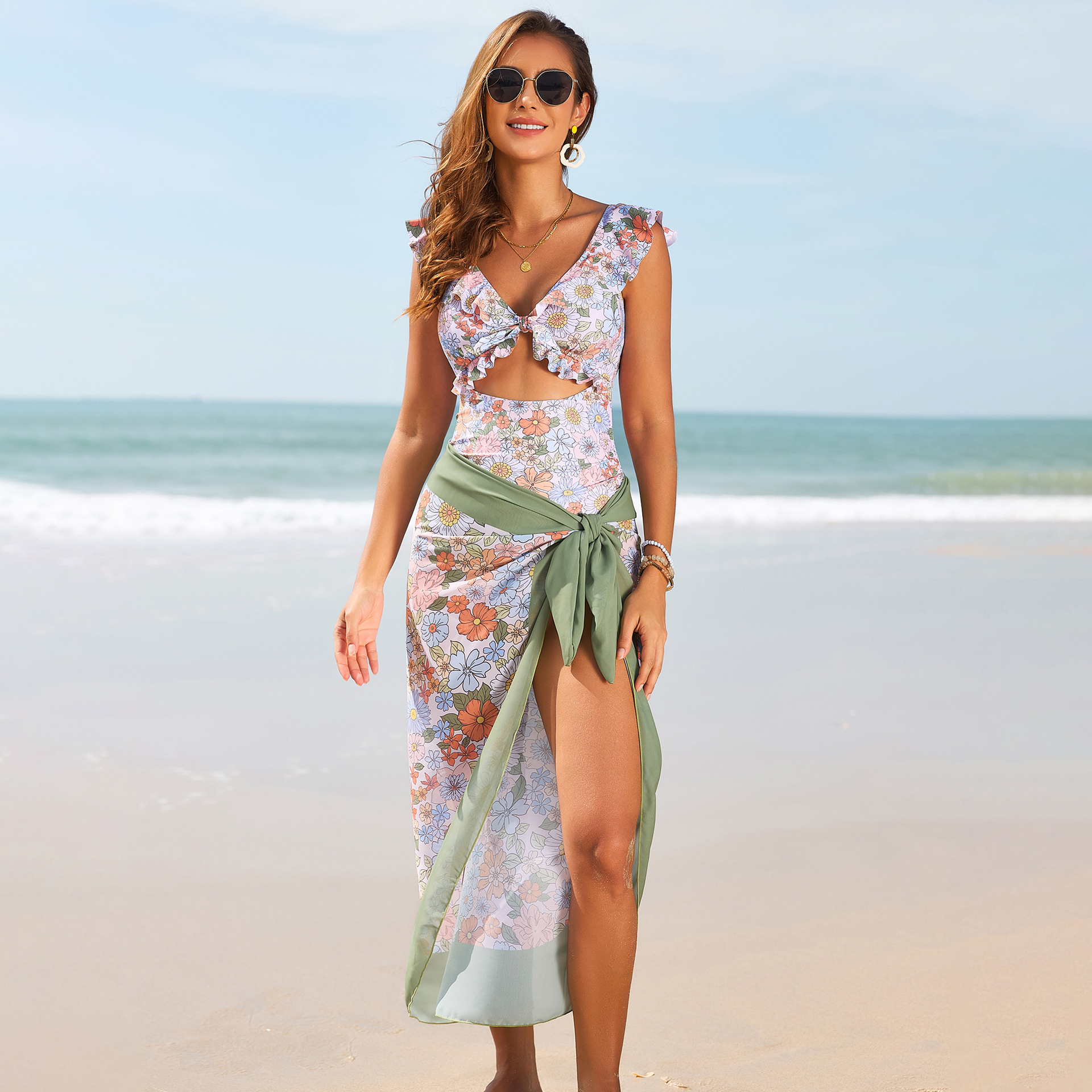 Ruffle Trim One-Piece Swimsuit with Dainty Floral Print and Matching Skirt Set