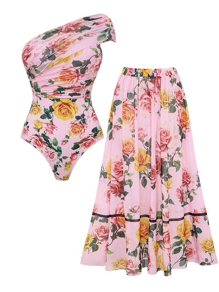 New Pink Floral Print One-Shoulder One-Piece with Skirt