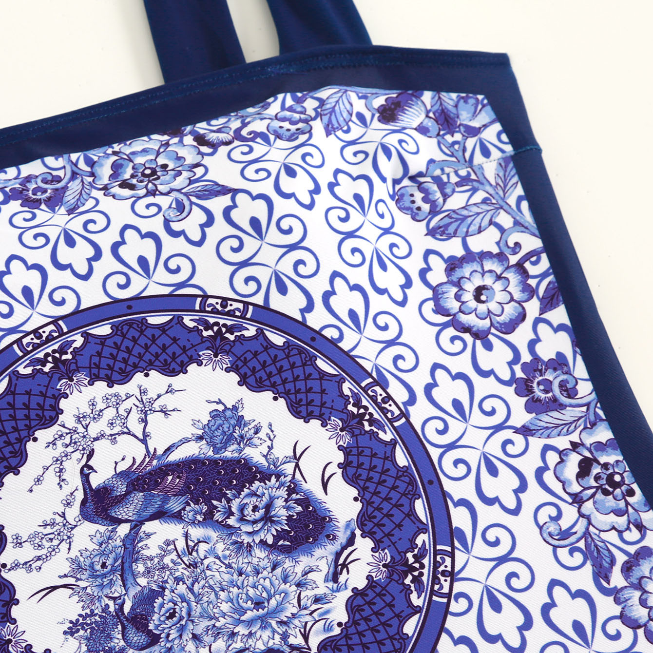 Women's Blue and White Porcelain Print One-Piece Swimsuit and Matching Maxi Skirt