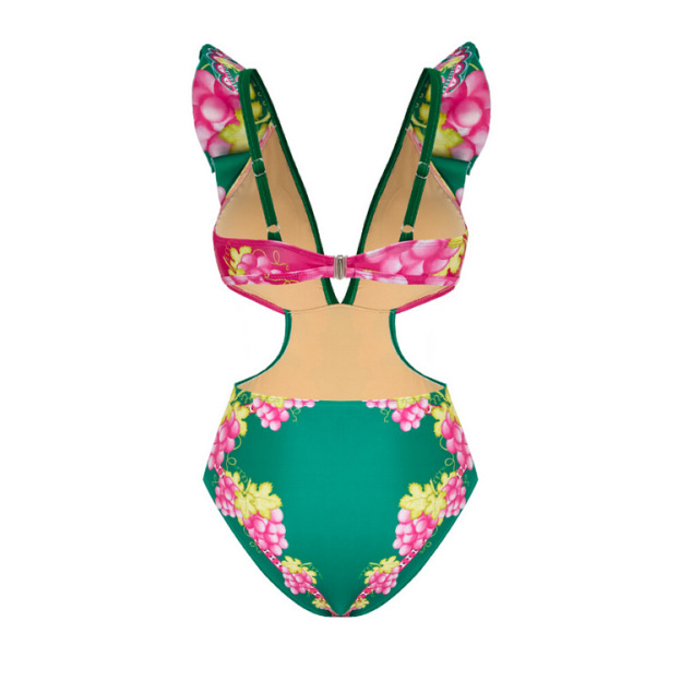 Women's Plunging V-Neck and Vintage Print One-Piece Swimsuit with Skirt