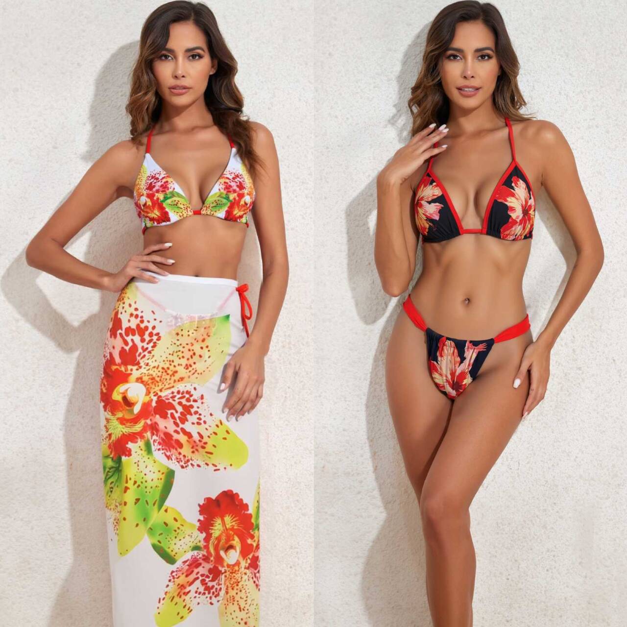 Women's Sexy Floral Print Two-Piece Swimsuit and Matching Maxi Skirt